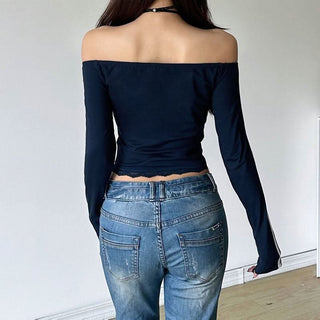 Off shoulder long sleeve lace hem embroidery top