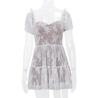 Short puff sleeve bowknot lace ruffle mini dress