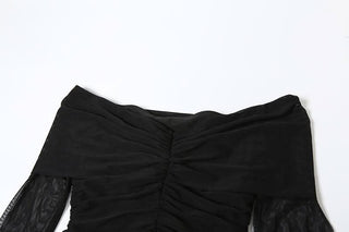 Long sleeve off shoulder ruched mesh maxi dress