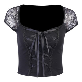 Self tie lace hem square neck cap sleeve crop top
