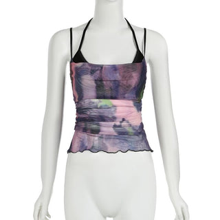 Halter tie dye mesh ruched 2 piece top