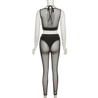 Crewneck hollow out mesh medium rise pant set