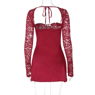 Long sleeve lace knotted ruched solid mini dress