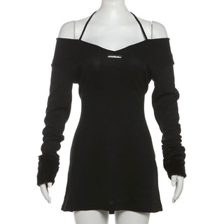 Halter long sleeve off shoulder fluffy mini dress