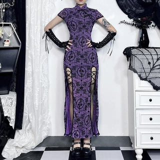 Short sleeve high neck print high slit button midi dress-final-sale