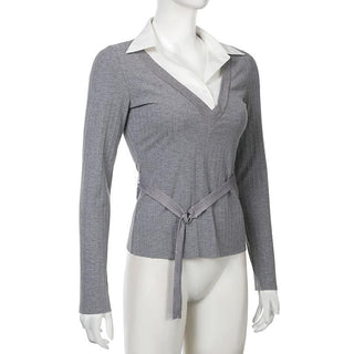 Turnover collar long sleeve ribbed belt top