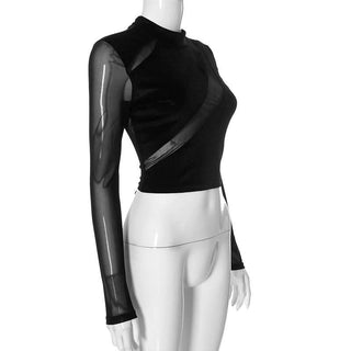 High neck mesh velvet patchwork long sleeve crop top
