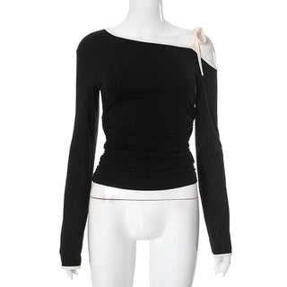 One shoulder long sleeve self tie top