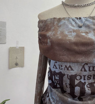 Long sleeve mesh print off shoulder ruched top