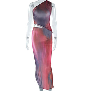 One shoulder sheer mesh print irregular ruffle maxi dress