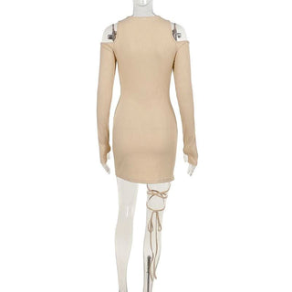 Long sleeve off shoulder knitted hollow out self tie cut out mini dress