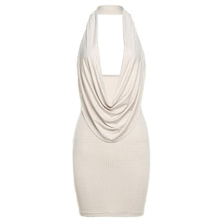 Halter cowl neck beaded low cut mini dress