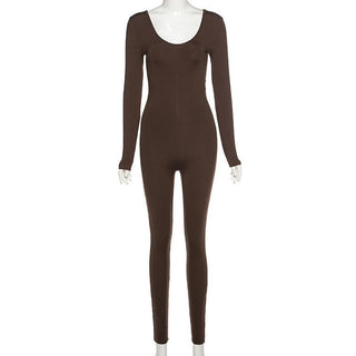Long sleeve u neck low cut solid jumpsuit