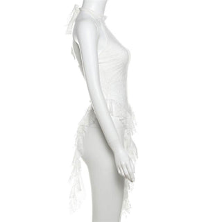 Halter mesh ruffle backless top