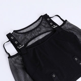 Fishnet patchwork off shoulder buckle long sleeve crop top