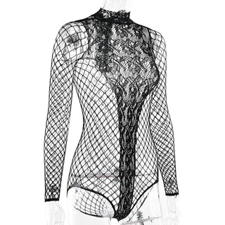 Crewneck long sleeve fishnet see through romper
