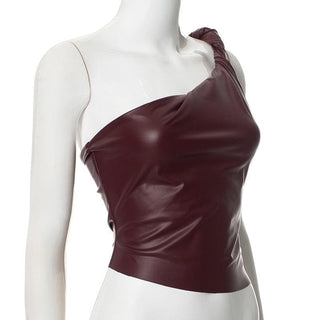 One shoulder PU leather ruched backless top
