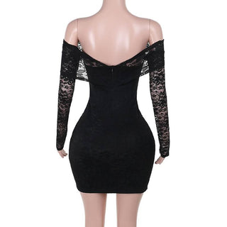 Off shoulder long sleeve o ring lace hollow out cut out mini dress
