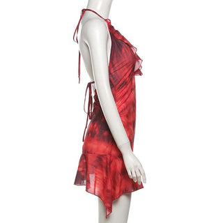 Halter ruched tie dye ruffle backless mini dress