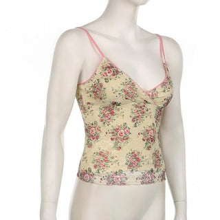 V neck lace flower print cami top