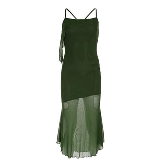 Ruffle irregular mesh cross back cami midi dress