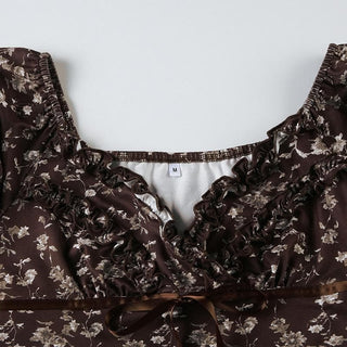 Short shoulder flower print ruffle top