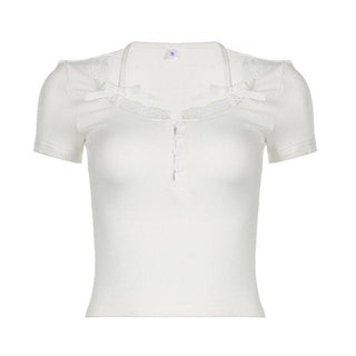 Short sleeve lace hem ribbed bowknot button crop top