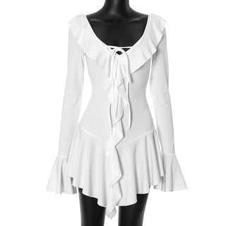 Long flared sleeve ruffle v neck mini dress