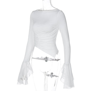 Long flared sleeve crewneck irregular solid top