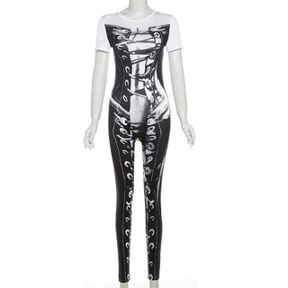 Short sleeve crewneck body print zip-up jumpsuit