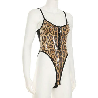 Leopard print u neck glitter button cami bodysuit