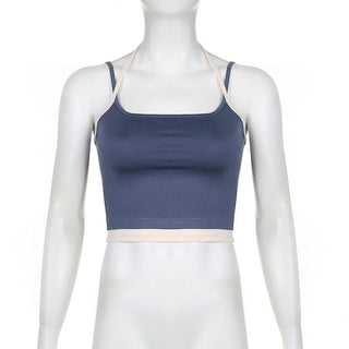 Contrast patchwork halter backless sleeveless crop top