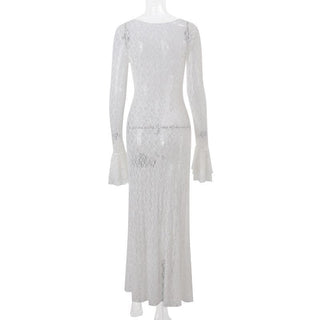 Long flared sleeve lace see through maxi dress