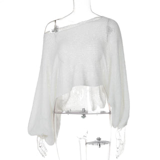 Long puff sleeve knitted one shoulder see through top