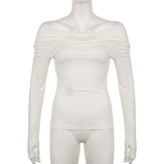 Long sleeve off shoulder ruched solid gloves top