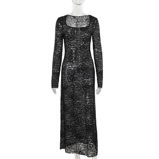 Long sleeve u neck lace slit maxi dress