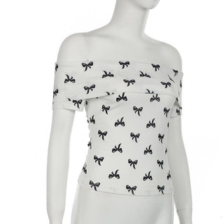 Off shoulder bowknot ribbed print top