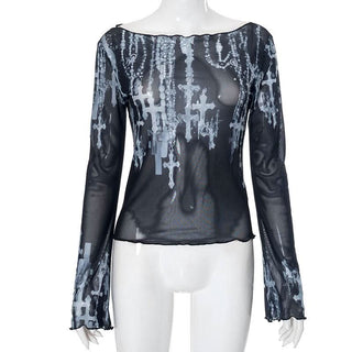Off shoulder long sleeve mesh cross print top