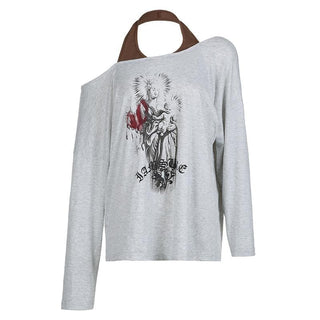 Halter off shoulder long sleeve abstract print top