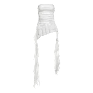 Ruffle mesh ruched irregular solid tube top