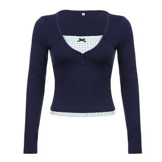 Polka dot patchwork long sleeve lace hem button top