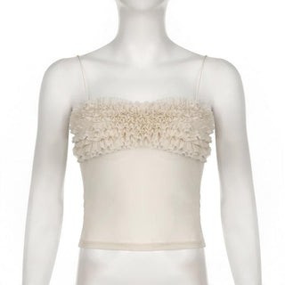Ruched ruffle sheer mesh cami top