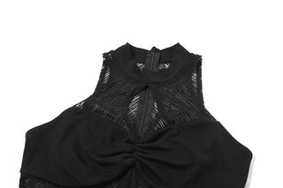 High neck ruched hollow out mesh zip-up tank cut out top