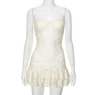 Lace ruffle sweetheart neck tube mini dress