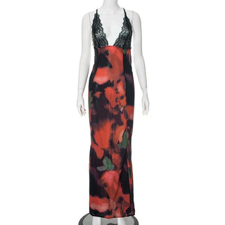 V neck lace hem backless print cami maxi dress