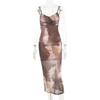 Tie dye ruched mesh self tie cami midi dress