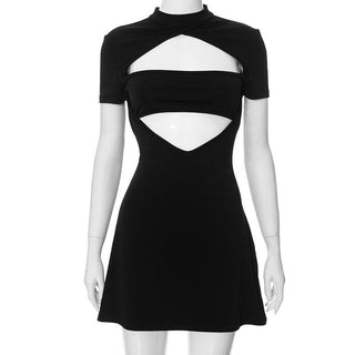 Short sleeve high neck hollow out cut out mini dress
