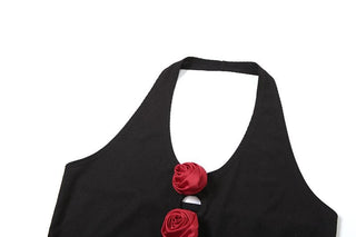 Halter u neck flower applique hollow out crop cut out top