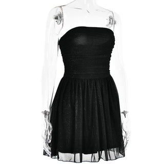 Ruched backless glitter mesh tube mini dress