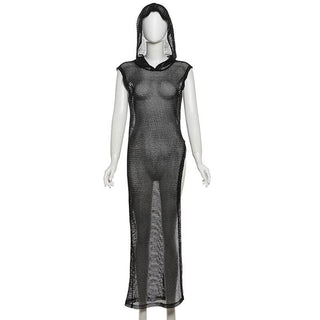 Hoodie sleeveless fishnet slit top